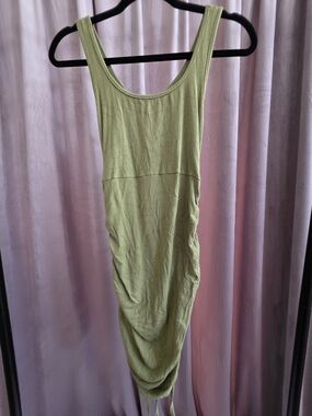 Fashion Olive Green Ribbed Ruched Open Back Midi Dress Small